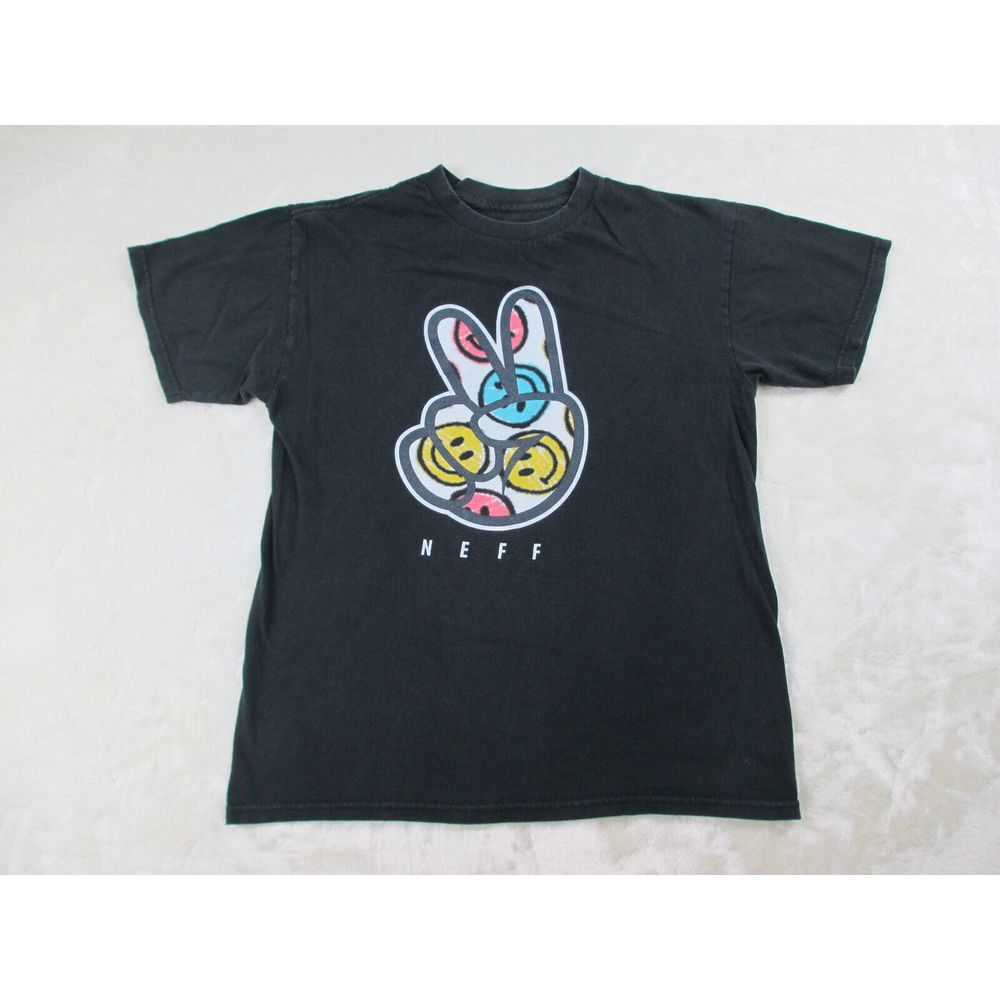 Neff Shirt Mens Medium Black Peace Sign Smiley Face Skater Skateboard Casual*